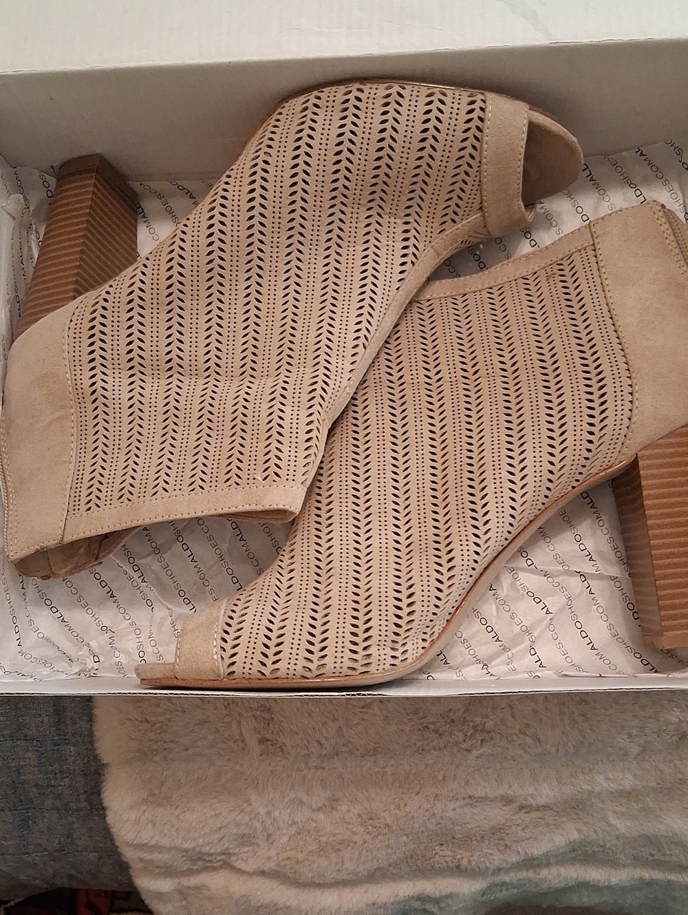 ALDO Tan Perforated Peep-Toe Block Heel Booties